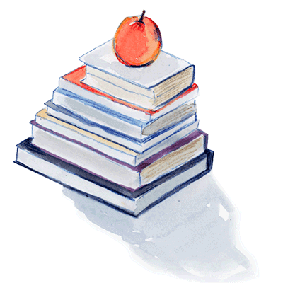 An illustration shows a pile of school books with an apple on top.