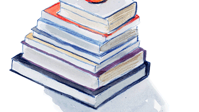 An illustration shows a pile of school books with an apple on top.