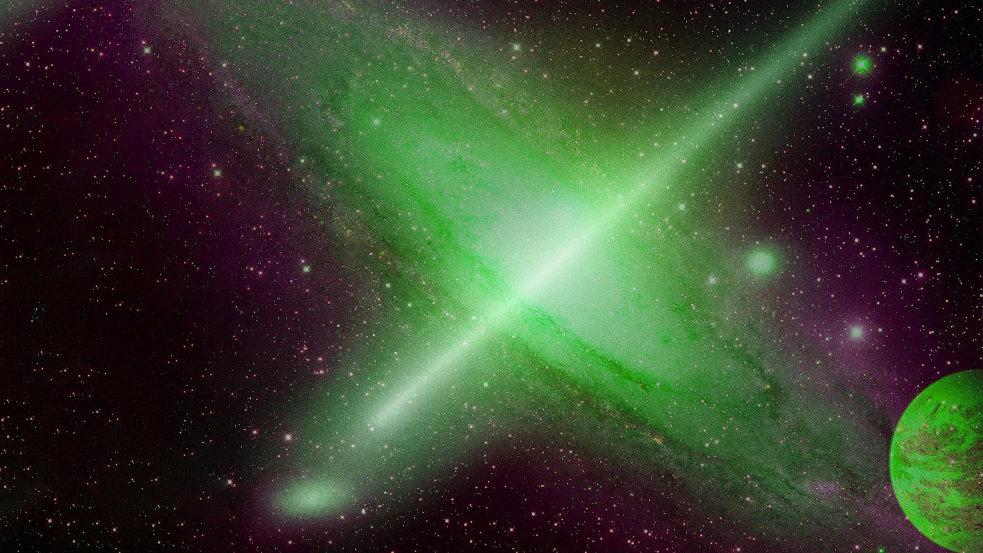 A bright green galaxy spins around a beam of light with a dark purple universe behind it