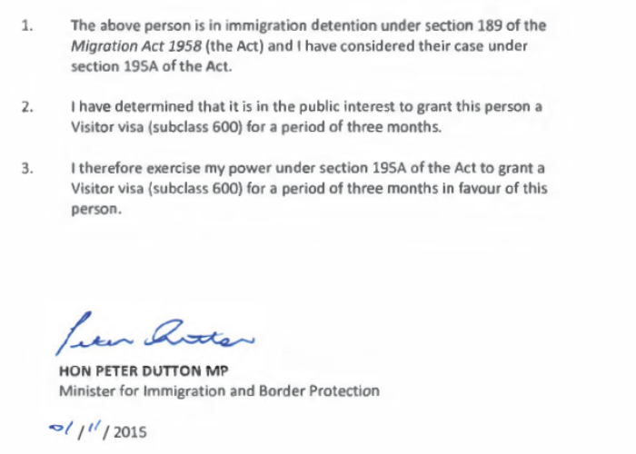 A screenshot of a document shows text with Peter Dutton's signature at the bottom, dated November 1, 2015.