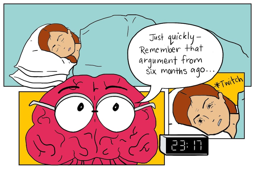 Illustration shows brain speaking to sleeping woman, asking if she remembers an argument from months ago