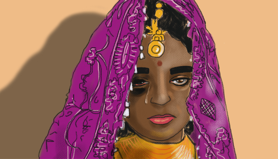 An illustration shows a woman in sari with a black eye, crying.