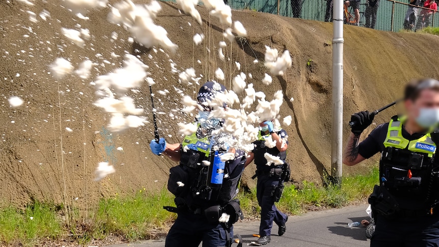 Police officer spraying pepper spray.