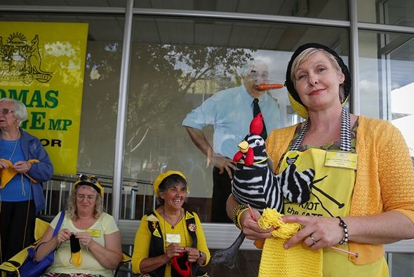 Members of the Knitting Nanas Against Gas group outside Lismore MP, Thomas George's office