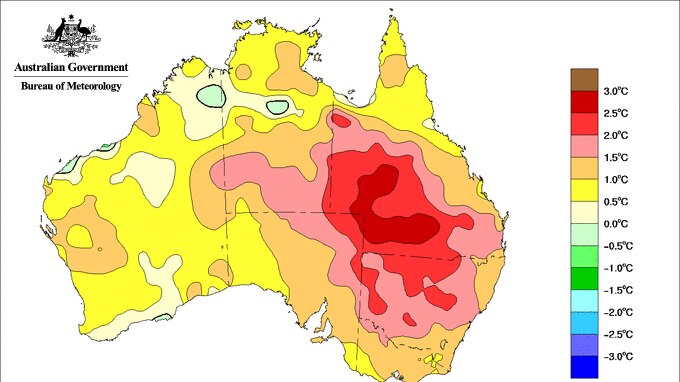 Map of Australia with big red patch over south west QLD and much of NSW indicating two to three degrees above normal.