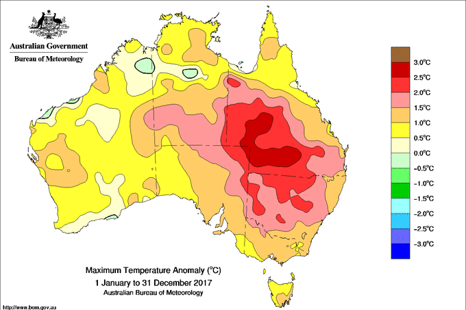 Map of Australia with big red patch over south west QLD and much of NSW indicating two to three degrees above normal.