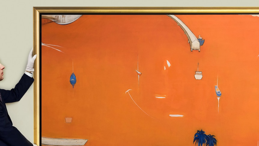 Someone wearing white gloves holding the frame of a large orange painting in the style of Brett Whiteley