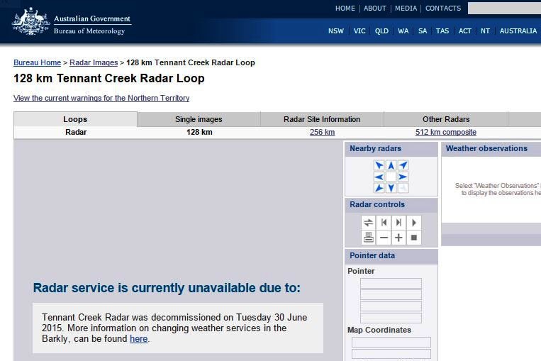 A screen shot of the internet page indicating the radar has been closed.
