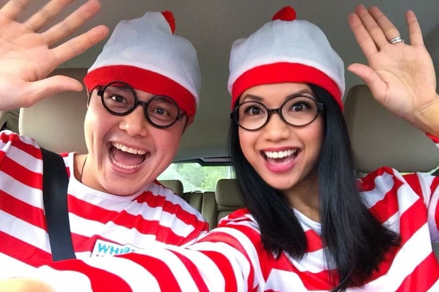Daniel and his wife dressed up as Where's Wally