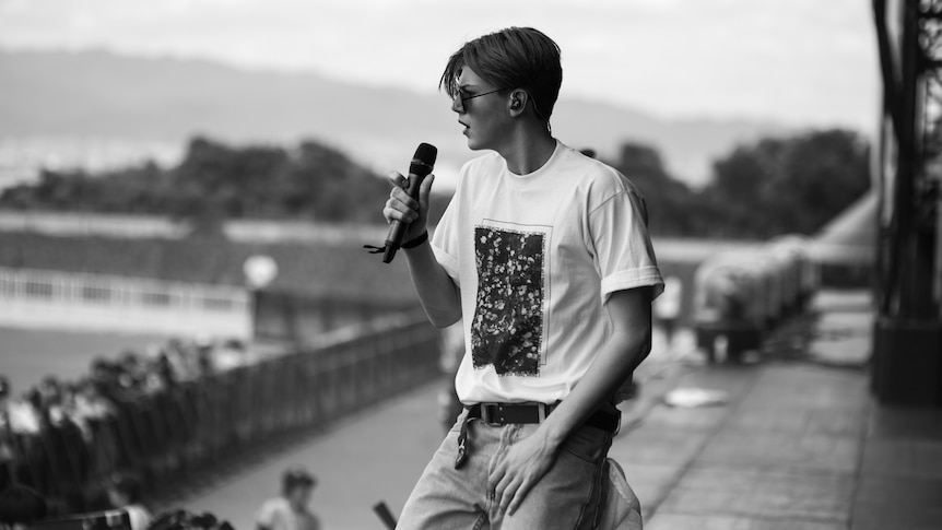 Black and white image of Ruel onstage