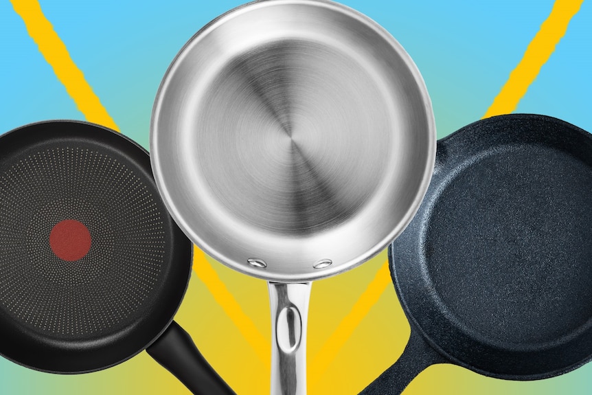 a photo of three types of cookware, stainless steel, cast iron and non stick