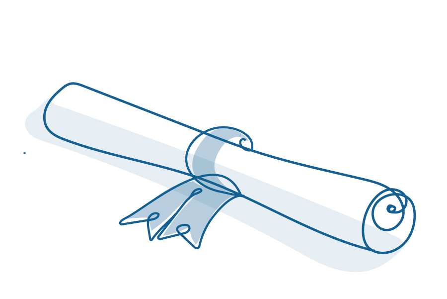 An illustration of a certificate rolled up and tied in a ribbon.