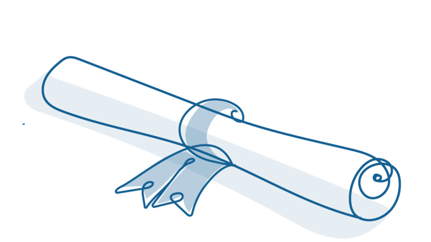 An illustration of a certificate rolled up and tied in a ribbon.