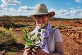 A smiling woman wearing a wide-brimmed hat and holding a plant stands outdoors in scrubland.