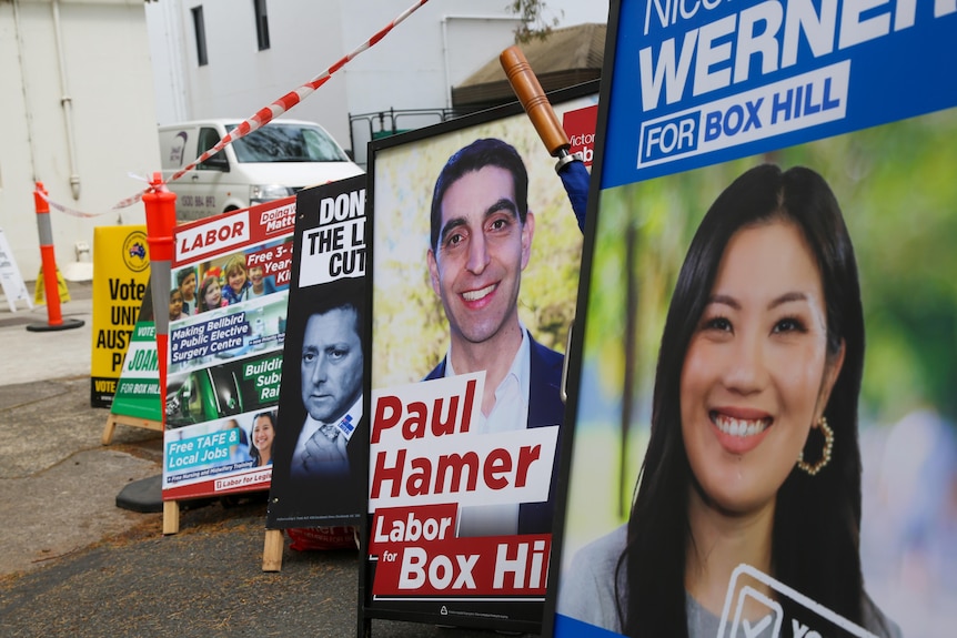 Posters of Labor, Liberal candidates in Box Hill.