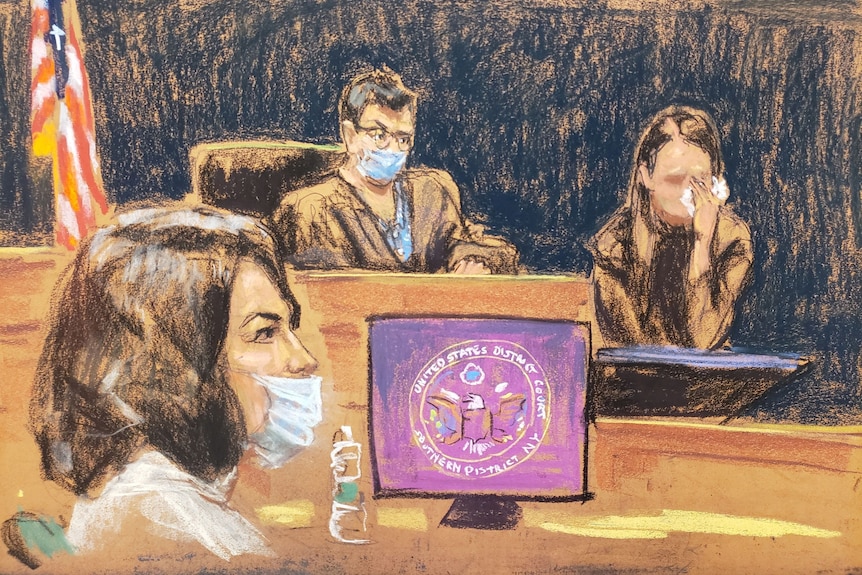 A court sketch shows Ghislaine Maxwell wearing a face mask, and a judge and crying witness in the background