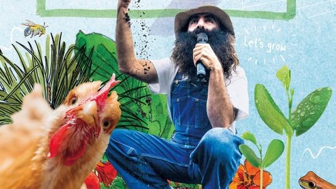Composite image. Costa is squatting down letting soil fall from his hand, with a a chicken looking forward & drawings of plants