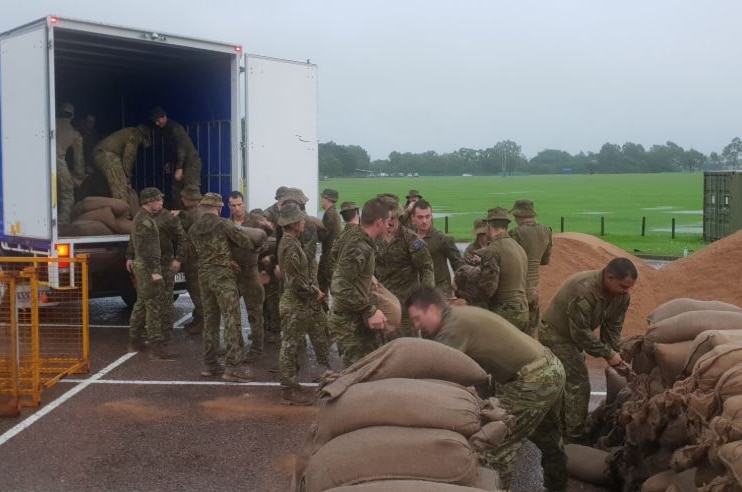 Soldiers from 3 Brigade in Townsville building sandbags