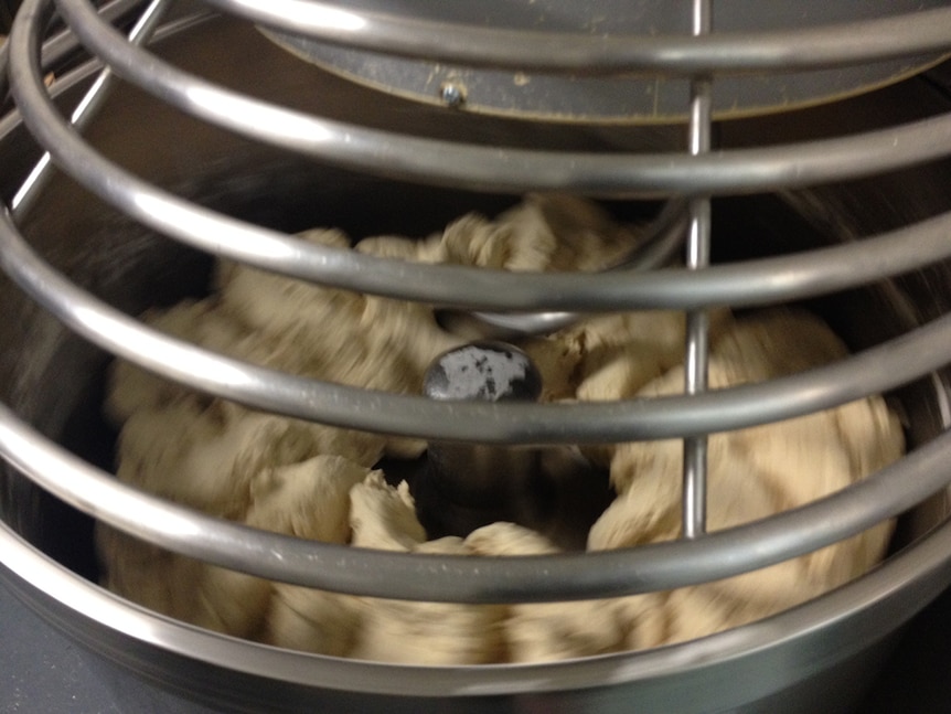 Bagel ingredients being mixed in machine.