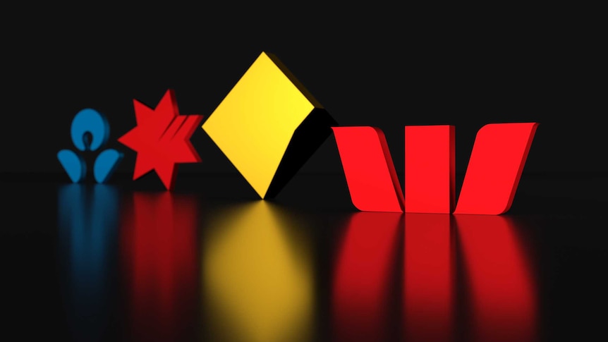 3D graphic of Australia's big four bank logos in a line Commonwealth, NAB, ANZ and Westpac.