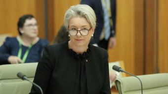 Bridget McKenzie look over her glasses to the camera while sitting in a wood panelled room