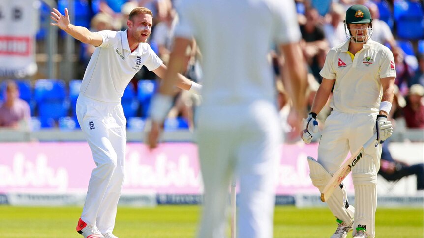 Australia's Shane Watson is out lbw off England's Stuart Broad in the first Test in Cardiff in 2015.
