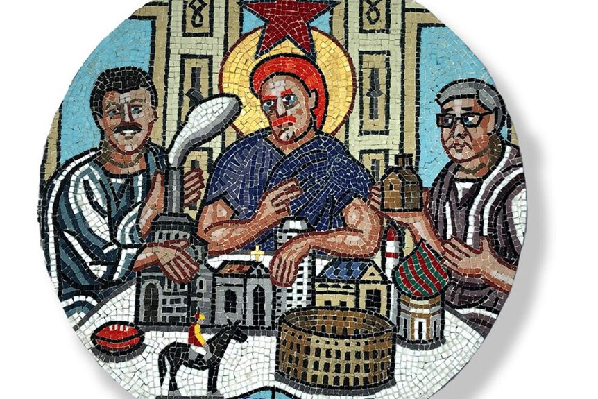 A colourful mosaic featuring three men and several buildings, a football and a car.