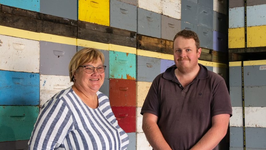 A woman and man standing in front of empty bee hive boxes