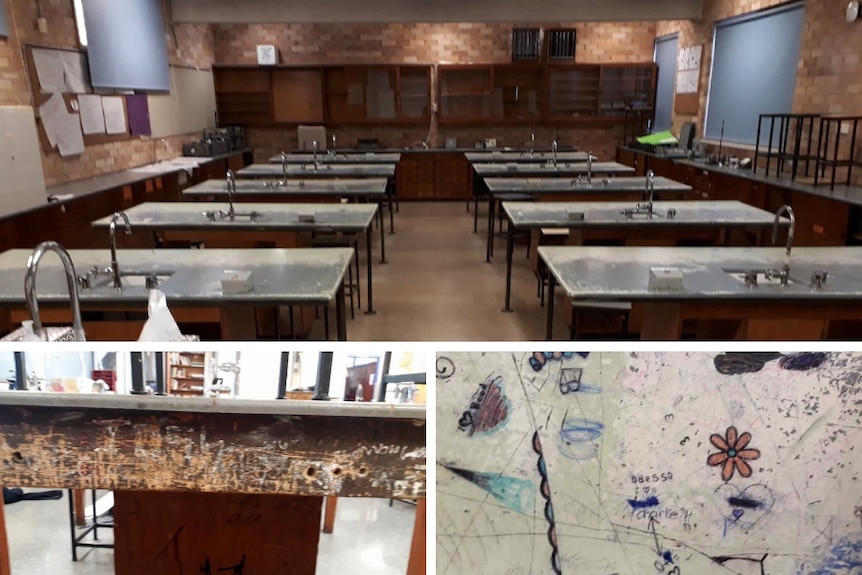 A composite of three photos of chipped desks in a science classroom.