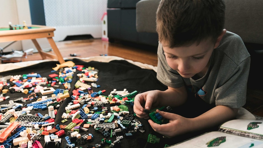 A young boy pores over the instruction booklet to a Lego kit
