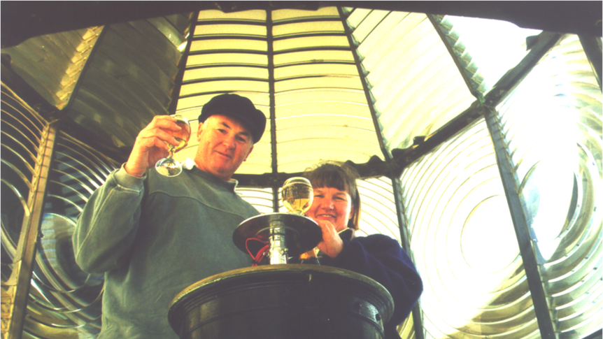 John and Willemina Watts celebrate their 30th wedding anniversary at the top of the lighthouse on Maatsuyker Island.