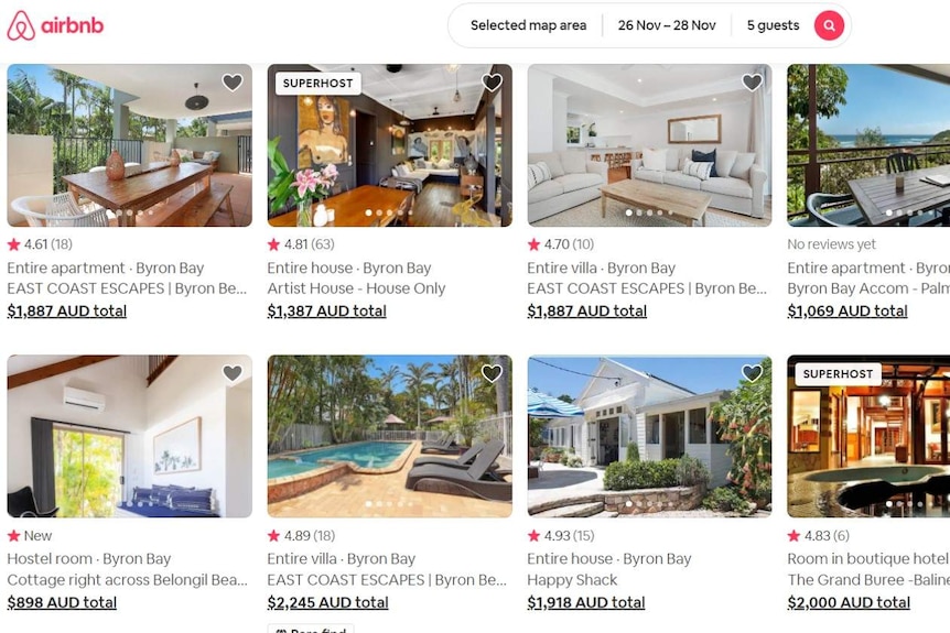 Screenshot of Airbnb rentals in Byron Bay