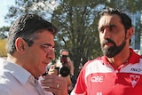 "Really disappointed" ... Adam Goodes (R) and Andrew Demetriou speak to the media last Saturday