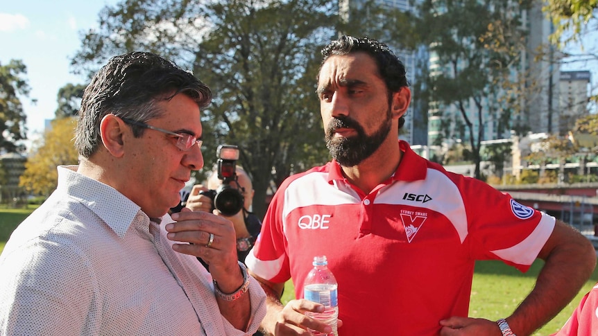 "Really disappointed" ... Adam Goodes (R) and Andrew Demetriou speak to the media last Saturday