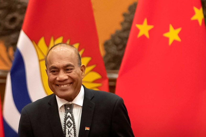 Kiribati's President Taneti Maamau smiles during a signing ceremony at the Great Hall of the People in Beijing.