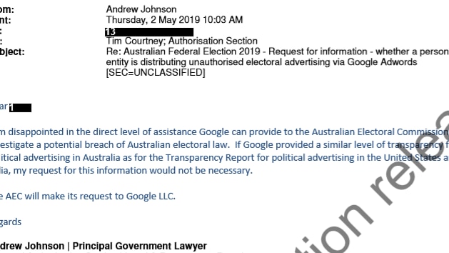 A screenshot of an email from the AEC to Google, detailing the AEC's response.