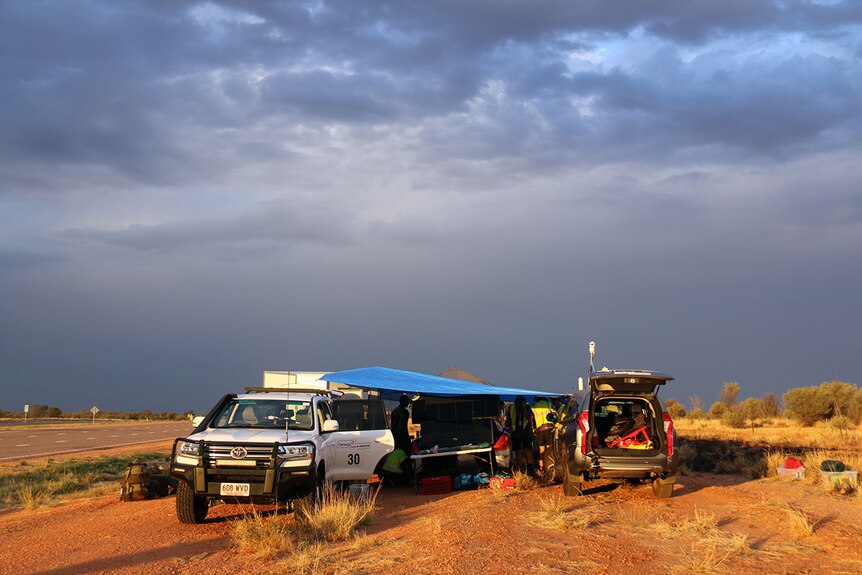 A team in the 2017 Solar Challenge sets up camp during the 3,000 kilometre race from Darwin to Adelaide.