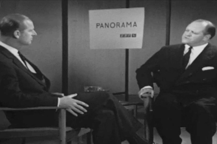 A black and white still of Prince Philip being interviewed on BBC show Panorama.