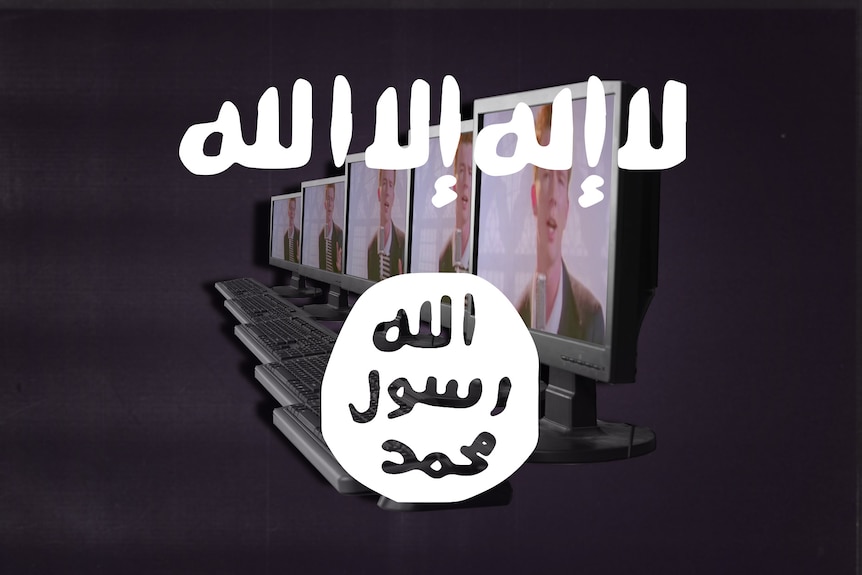 An illustration of Islamic State iconography superimposed over a computer screen containing an image of Rick Astley.