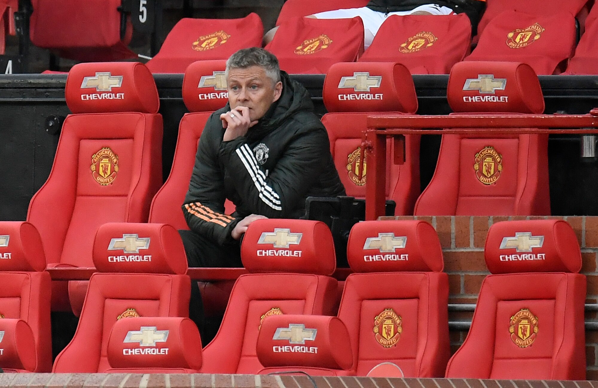 Manchester United manager Ole Gunnar Solskjaer looks on