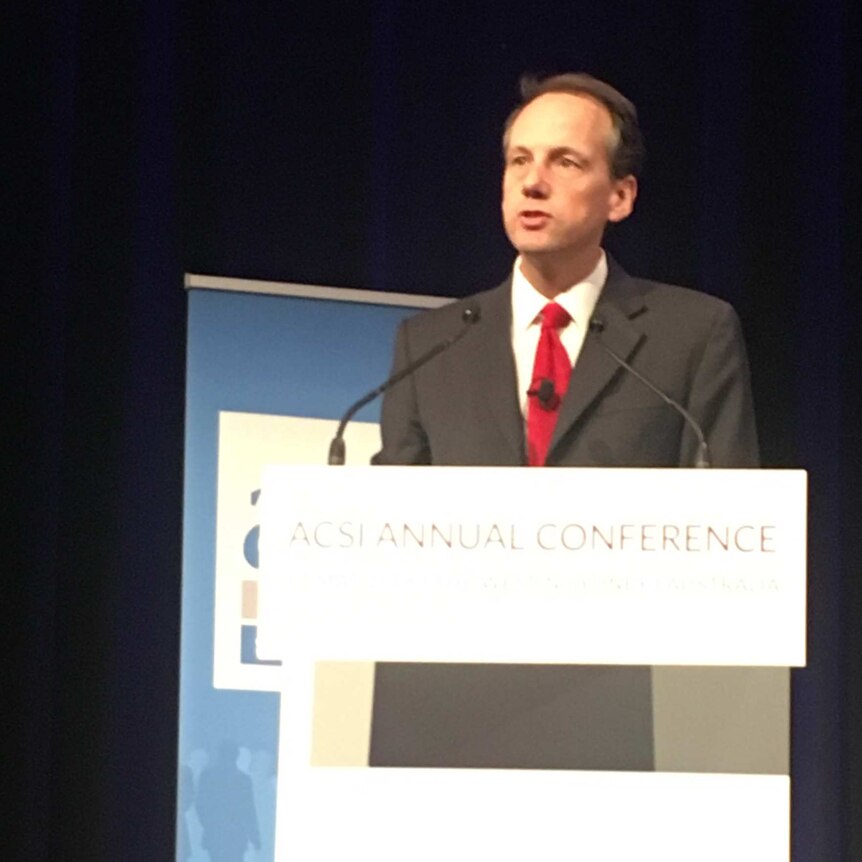 ASIC chairman James Shipton gives a speech at a superannuation conference on May 17, 2018
