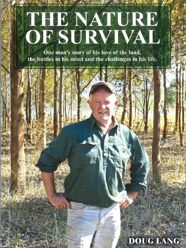The book cover of the Nature of Survival, featuring Doug Lang smiling at the camera surrounded by trees.