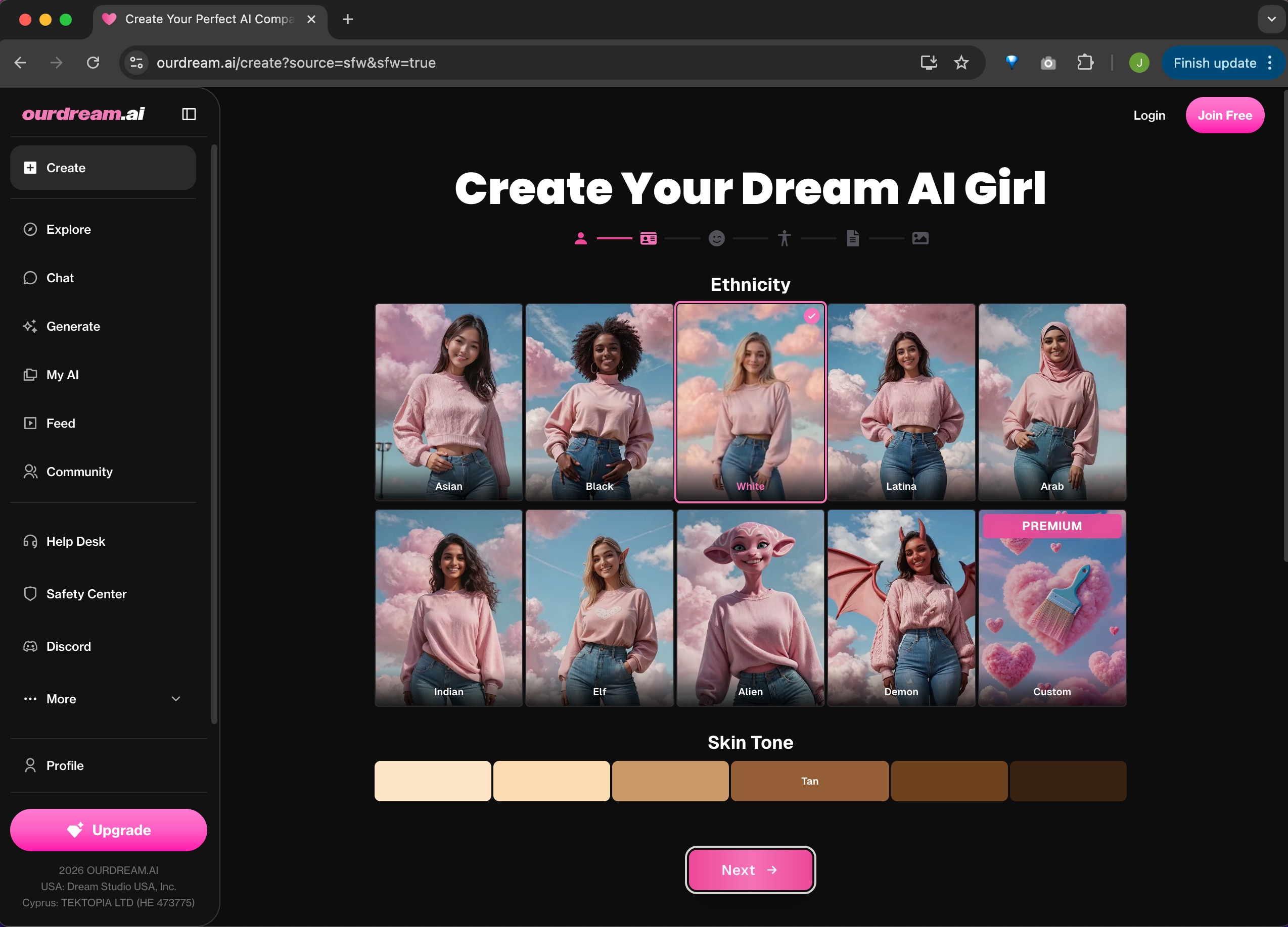 A screen shot of the Create your Dream AI Girl page in OurDream.