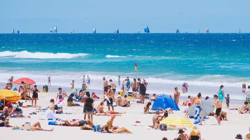 Hundreds of tourists and locals flock to Gold Coast beach