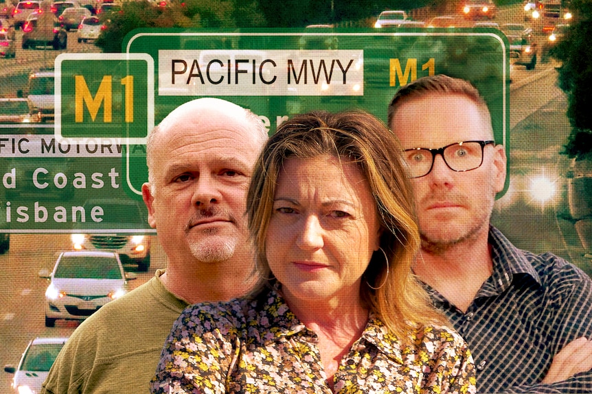 A composite of three people in front of a motorway and street signs.
