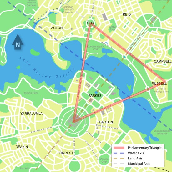 Map of inner Canberra highlighting the Parliamentary Triangle.