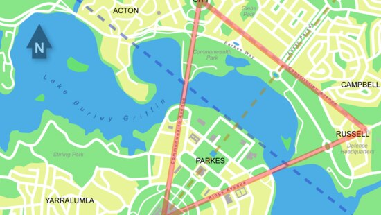 Map of inner Canberra highlighting the Parliamentary Triangle.