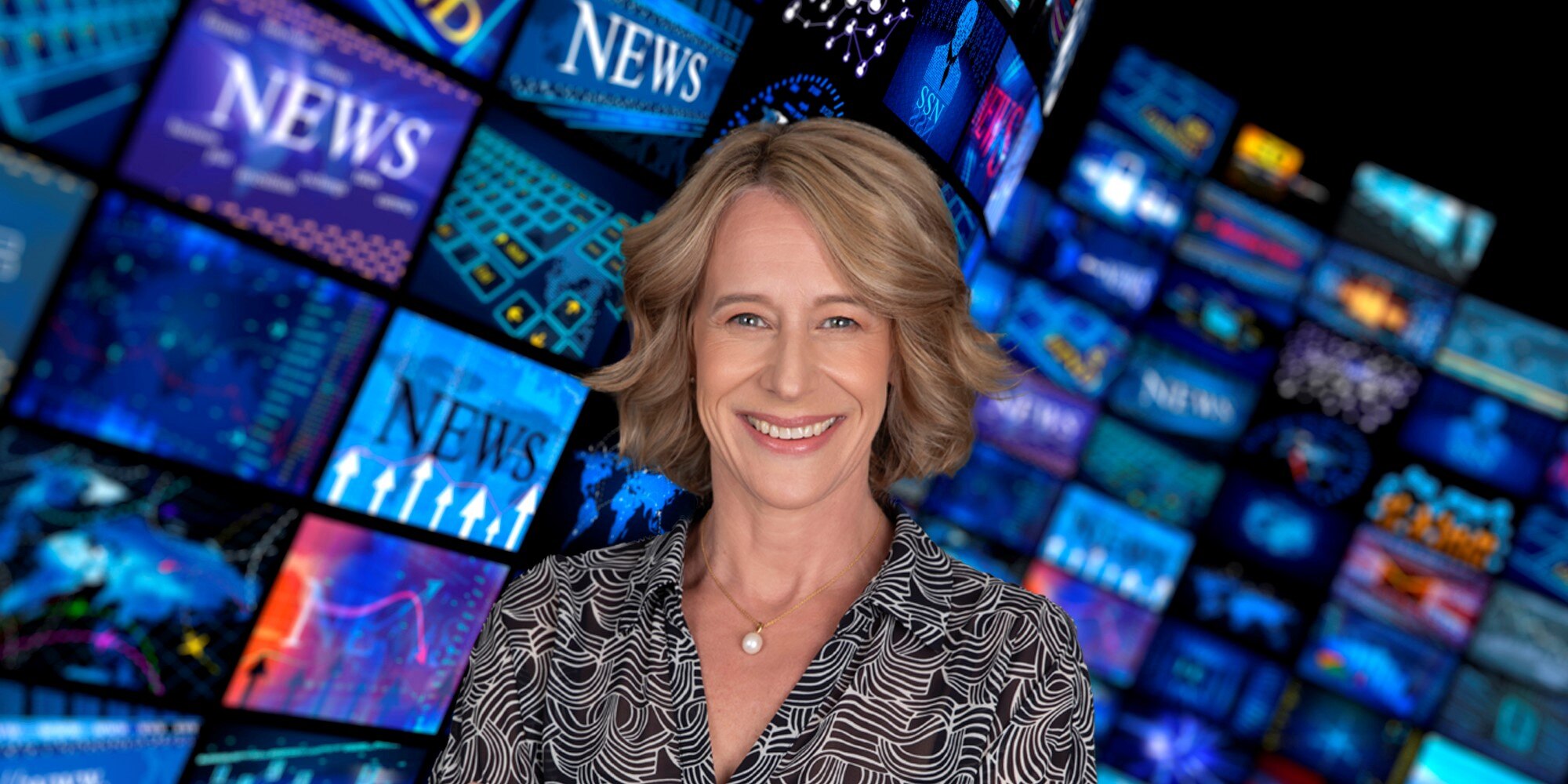 A blonde woman in business clothes smiles in front of a montage of screens, many of which say "News"