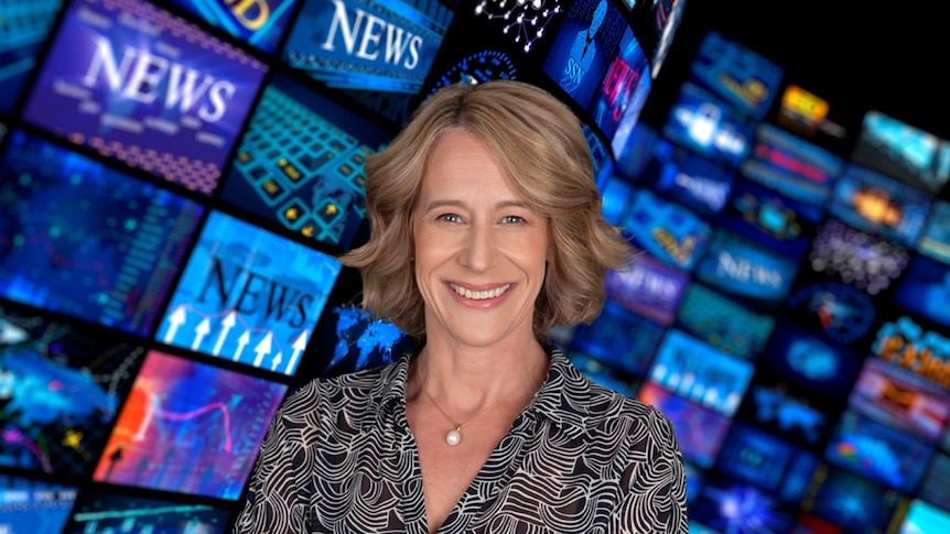 A blonde woman in business clothes smiles in front of a montage of screens, many of which say "News"