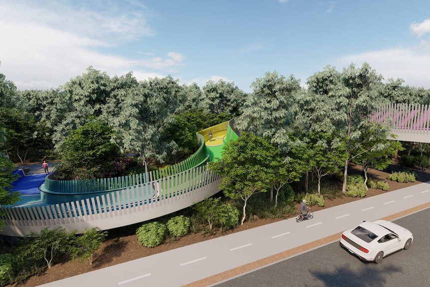 An artist's impression of a footbridge from the Perth Children's Hospital at the Kings Park end surrounded by trees.